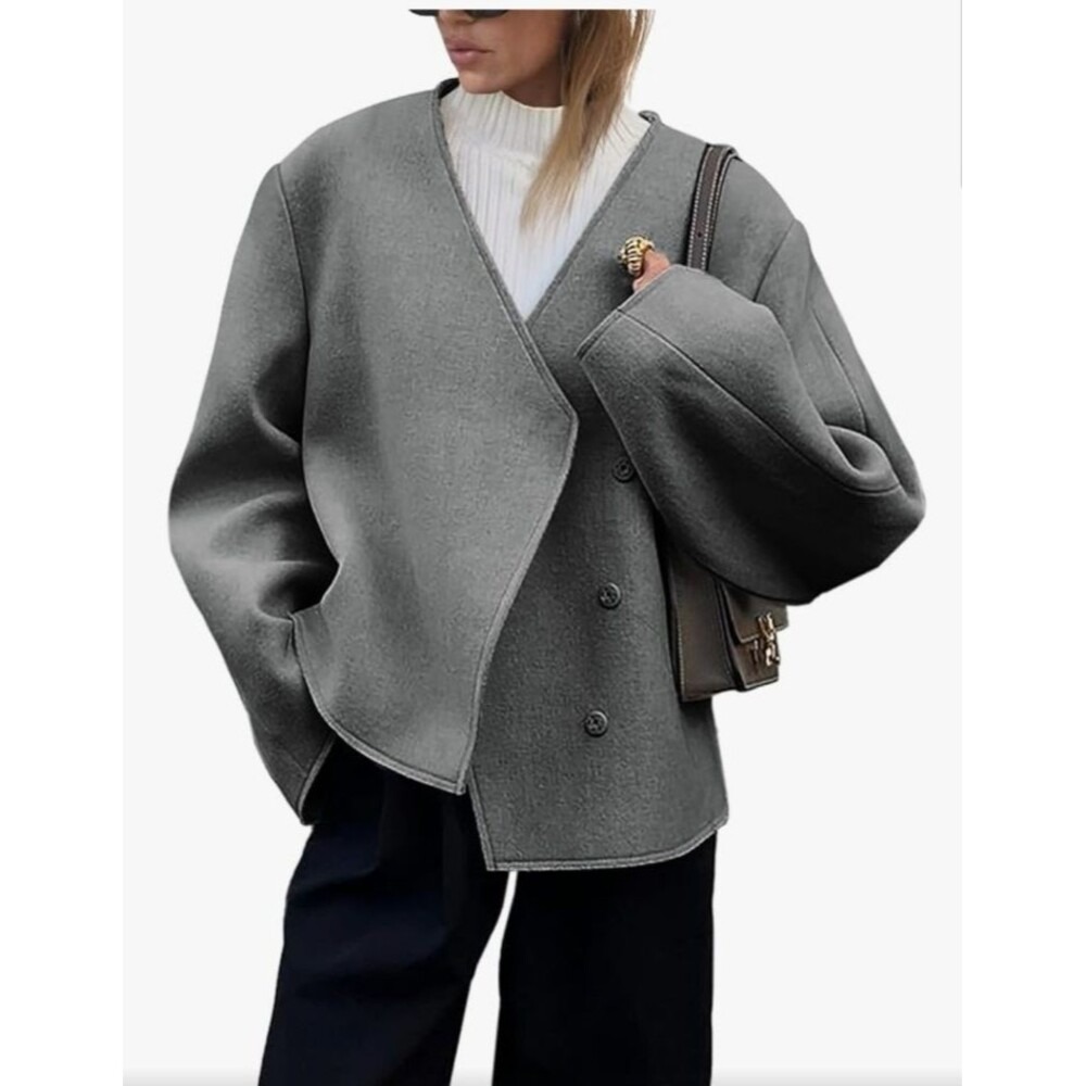Cicy Bell XXL Grey Wool Cropped Pea Coat Jacket‎ Double Breasted Lightweight NEW